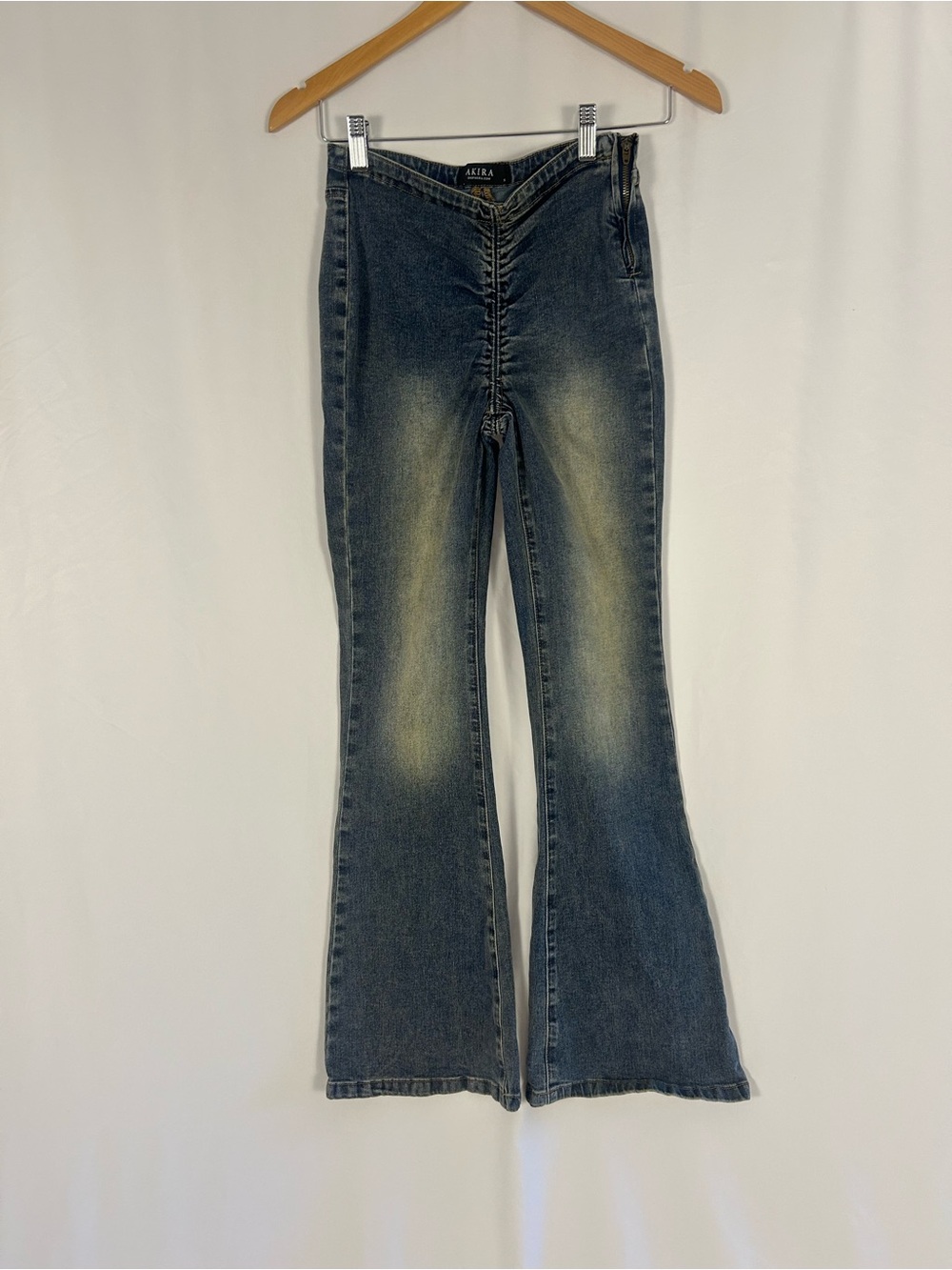 AKIRA Ruched Front Flare Jeans V Waist Y2K Vintage Wash Size S